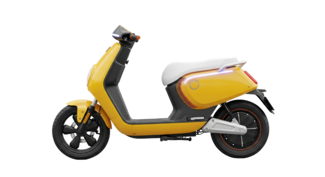 Yellow electric scooter PNG isolated on transparent background, modern urban transport for eco-friendly commuting and sustainable lifestyle