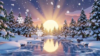 Magical winter wonderland scene with snow-covered trees and frozen lake reflecting a stunning sunset, perfect for holiday greetings and scenic backgrounds