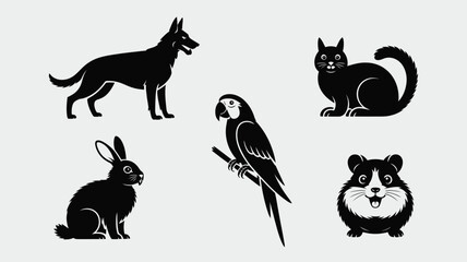 Set of domestic animal icons simple black glyph vector illustration isolated on a white background