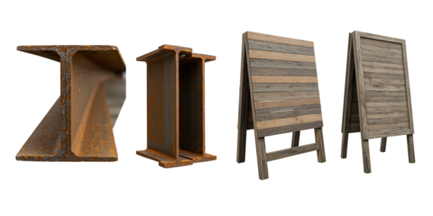 Collection of rustic wooden display stands and lecterns on black background