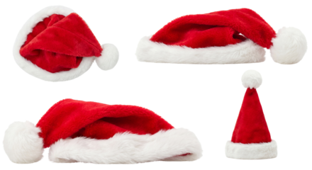 Various red Santa hats displayed from different angles  