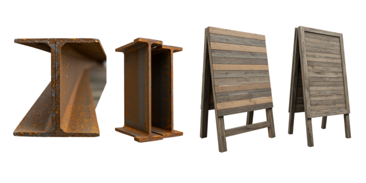 Collection of rustic wooden display stands and lecterns on black background