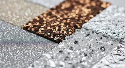 Close-up shot of various textured and shiny materials, including glitter, sequins, and foil, creating a visually diverse and shimmering surface.