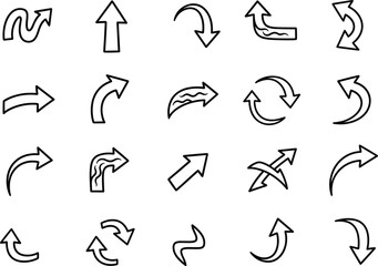 Set of Curved and Directional Arrow Vector Line Icons, Including Flow, Repeat, Cycle, Navigation, Movement, and User Interface Symbols