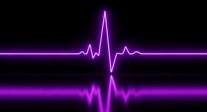 Vibrant purple neon electrocardiogram pulse line on a dark background with reflection