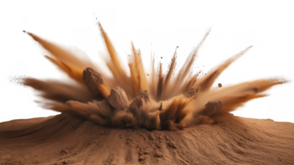 Sand explosion with rocks and dust particles isolated on a transparent background