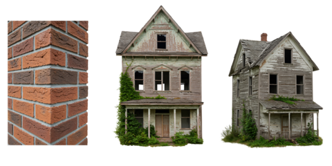 Three abandoned miniature houses and a brick corner on a black background