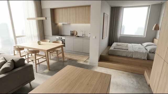 Virtual Tour of Modern Apartment With Kitchen, Dining, Living and Bed Areas