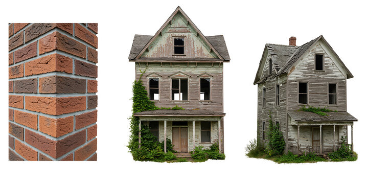 Three abandoned miniature houses and a brick corner on a black background