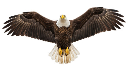 Bald eagle with open wings PNG isolated on transparent background, majestic bird of prey with brown feathers and white head for design use