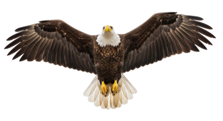 Bald eagle with open wings PNG isolated on transparent background, majestic bird of prey with brown feathers and white head for design use