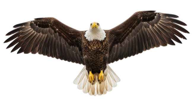 Bald eagle with open wings PNG isolated on transparent background, majestic bird of prey with brown feathers and white head for design use