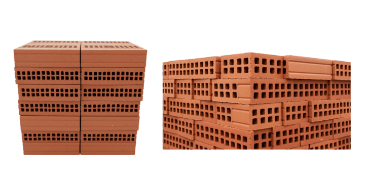 Stacks of red clay building bricks on a black background