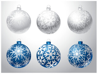 vector illustration of blue and silver 3d Christmas balls with snowflake ornaments