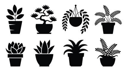 Set of potted plant icons simple black silhouette vector design decorative elements isolated on white background