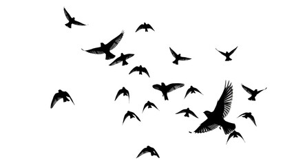A flock of birds silhouetted against a white sky