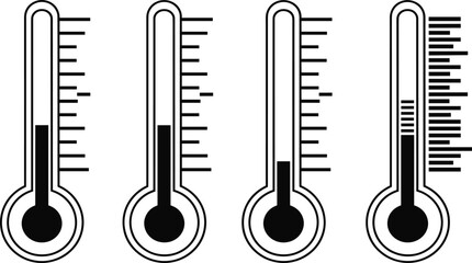 Set of Temperature Thermometer Vector Icons, Representing Weather, Fever, Heating, Cooling, Measurement, and Climate Control Indicators