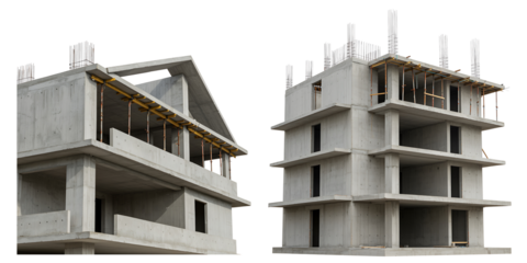 Modern concrete building construction in progress against black background