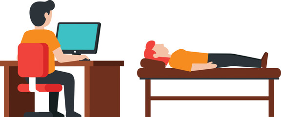 Flat design vector illustration of a medical consultation or therapy session with a doctor at a computer and a patient lying down.