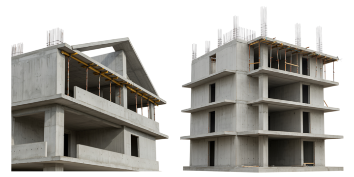 Modern concrete building construction in progress against black background