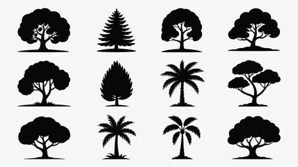 Set of tree silhouettes diverse vector collection of various tree types isolated on a white background for nature and environment designs