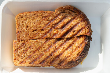 Grilled whole grain sandwich with melted cheese and golden crust, warm comforting meal with toasty texture
