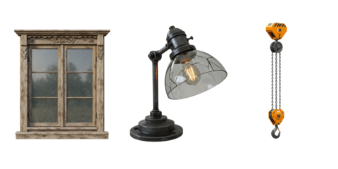 Vintage architectural elements including a window lamp and hoist against a black background