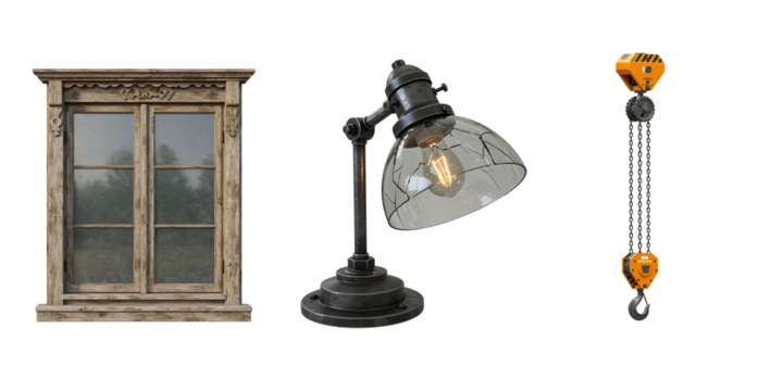 Vintage architectural elements including a window lamp and hoist against a black background