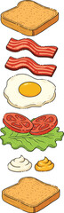 Deconstructed Sandwich Ingredients Infographic. Hand Drawn Bacon, Egg, Tomato, and Toast.eps