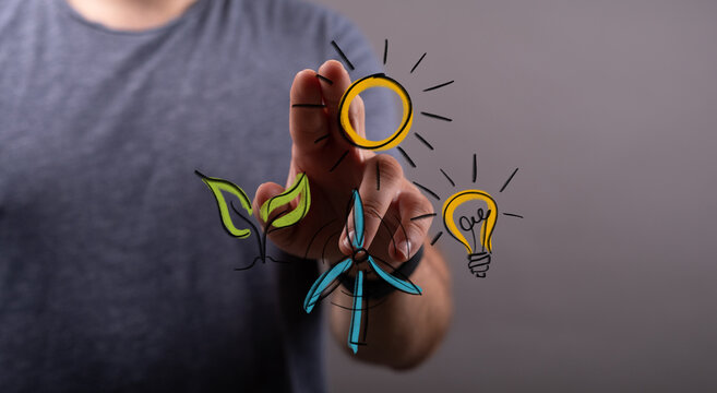 Hand interacts with digital icons representing clean energy sources: solar, wind, and green. Symbolizing sustainable development, renewable powe - Powered by Adobe