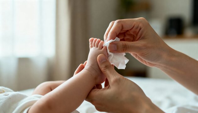Mom wiping baby hands with napkin in soft natural light, caring mood, lifestyle photography