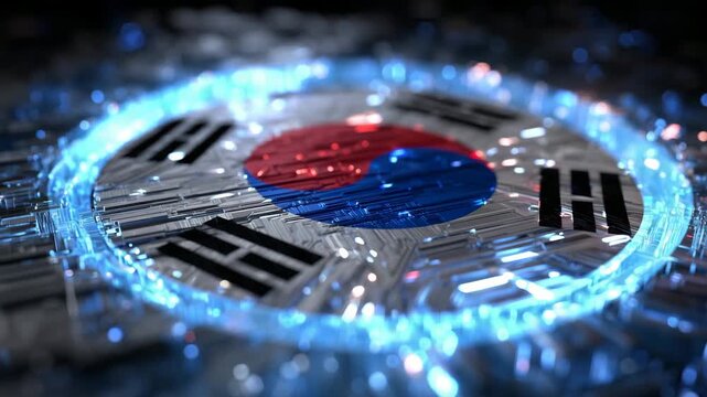 3D South Korean flag with metallic finish, futuristic neon lights on Taeguk and trigrams, abstract cyber background