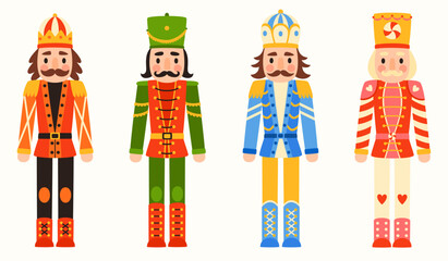 Naklejka premium Nutcracker set. Traditional wooden soldier toys in military costumes. Christmas and holiday elements.