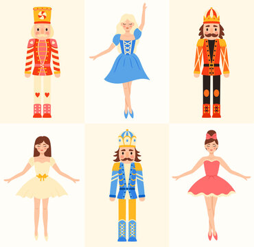 Nutcracker and ballerina set. Traditional wooden toy soldiers in military costumes. Christmas and holiday elements.