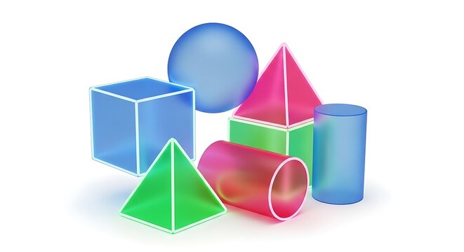A group of brightly colored, transparent geometric shapes including a cube, sphere, cylinder, and pyramids arranged on a white surface.