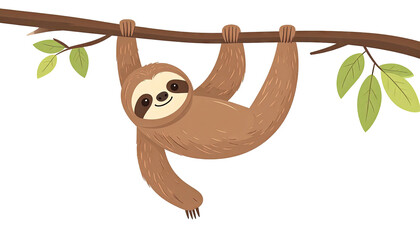 Cute cartoon sloth hanging peacefully from a tree branch illustration.