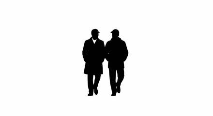 Black silhouette of two men in coats walking together.