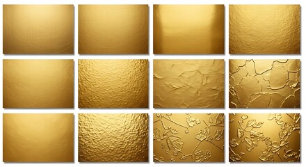A collection of twelve golden textured backgrounds, ranging from smooth gradients to intricate floral embossed patterns, creating a luxurious and elegant visual display.