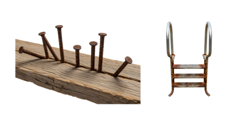 Nails hammered into wood plank next to a ladder on black background