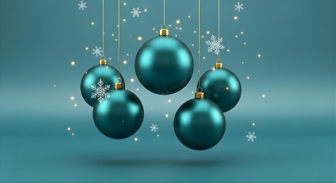 A cluster of five teal Christmas ornaments hangs suspended against a teal background with scattered snowflakes and golden sparkles.
