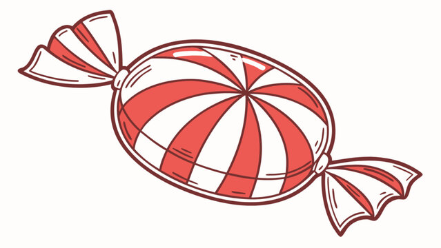 Illustration of a wrapped candy with red and white stripes and tied ends on a white background