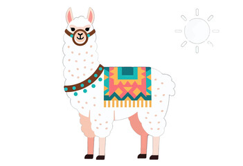 Naklejka premium Cute Llama with Colorful Saddle and Sun Icon