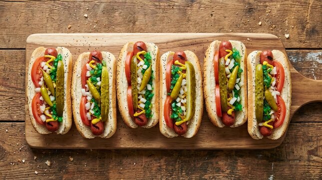 Six classic Chicago hot dog topped with mustard, relish, onions, tomato slices, pickle spear, and peppers on wooden table