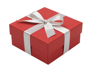 Fototapeta premium Red square gift box with white satin ribbon bow isolated on a transparent background