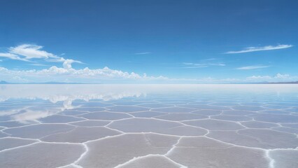 Expansive salt flat reflecting a vibrant blue sky and fluffy clouds