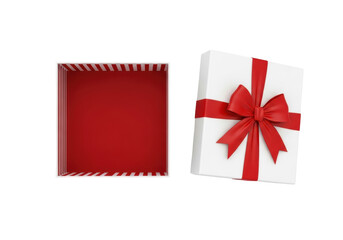 Open white gift box with red ribbon and bow isolated PNG, present container for holiday celebration and special occasion