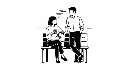 Line Art Illustration of a Couple Chatting on a Park Bench.
