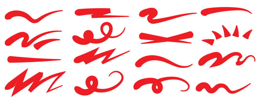 Red squiggle brush scribble underline. Marker pen emphasis highlight red swoosh stroke. Vector swoosh brush underline set for accent, marker emphasis squiggle element. Vector stock illustration 