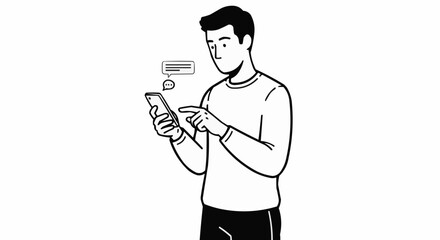Hand drawn illustration of a young man using a smartphone.