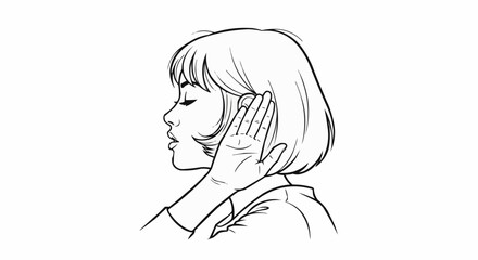 Line art drawing of a woman with short hair, eyes closed, and a hand gently touching her ear.